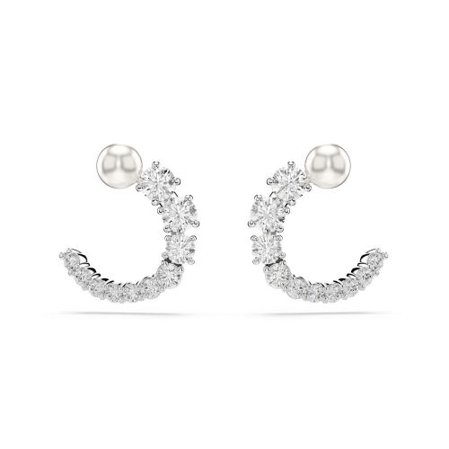 Matrix Hoop Earrings, Crystal Pearl, Round Cut, White, Rhodium Plated