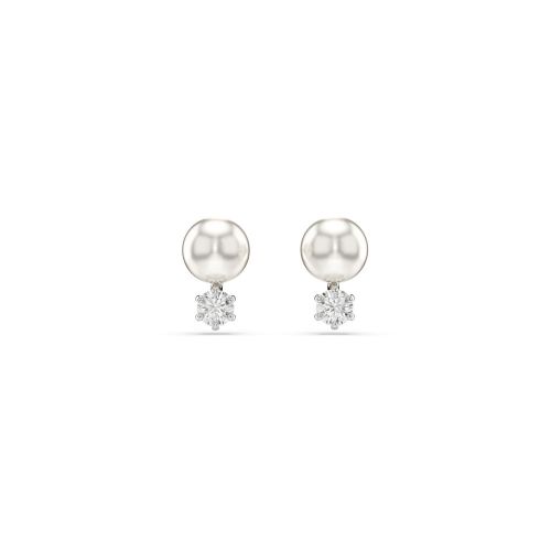Matrix Stud Earrings, Crystal Pearl, Round Cut, White, Rhodium Plated