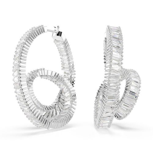 Matrix Hoop Earrings, Baguette Cut, Ribbon, White, Rhodium Plated