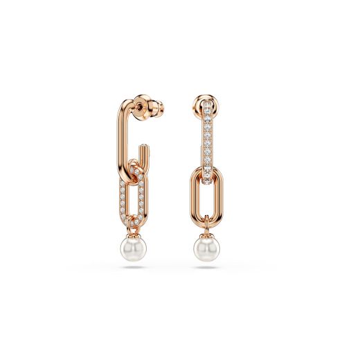 Constella Drop Earrings, Crystal Pearl, Round Cut, White, Rose Gold-Tone Plated