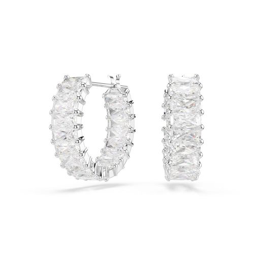 Matrix Hoop Earrings, Baguette Cut, White, Rhodium Plated